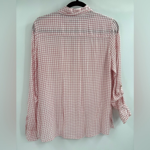 Foxcroft Women’s Blouse White Red Tencel Rolled Sleeve Gingham Button Up Size 10 - Picture 9 of 14